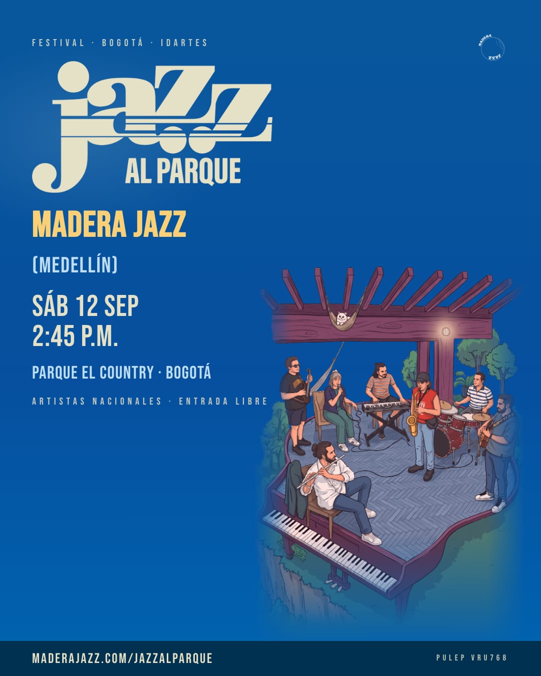 Post de Instagram: Madera Jazz en Jazz al Parque 2026, sábado 12 de septiembre, 2:45 p.m., Parque El Country